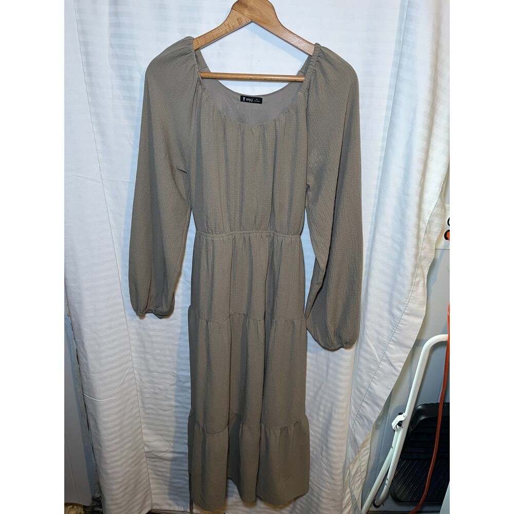 Very J Womens Boho Midi Dress Taupe Long Sleeve Tiered Flowy Size Medium